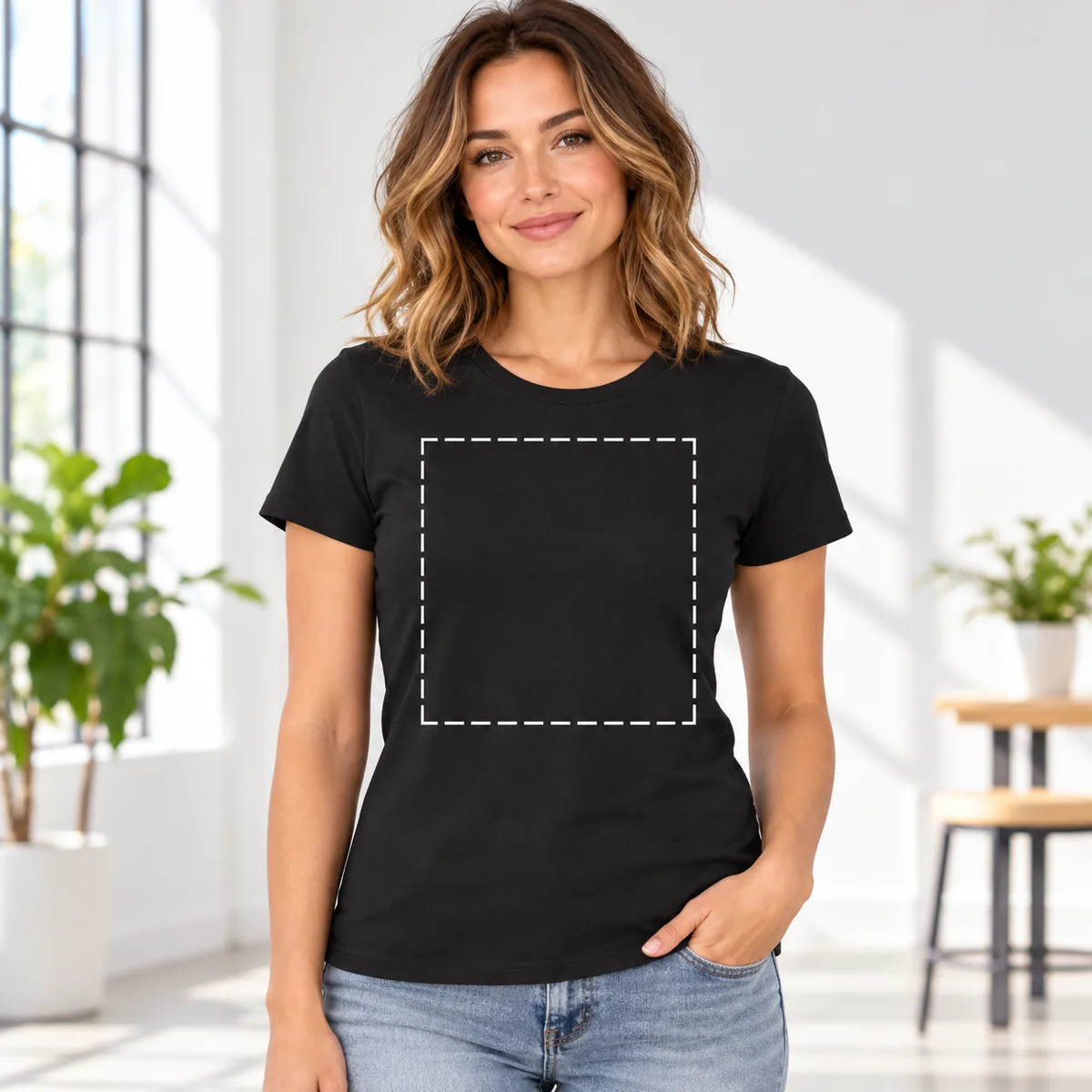 Woman wearing the black tee with an illustrative dashed central print area; no dimensions are specified or vendor-verified.
