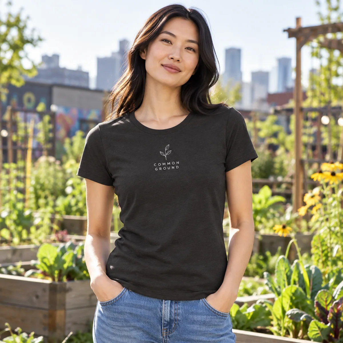 Woman wearing the heathered charcoal tee with a fictional small Common Ground sample mark at a community garden.