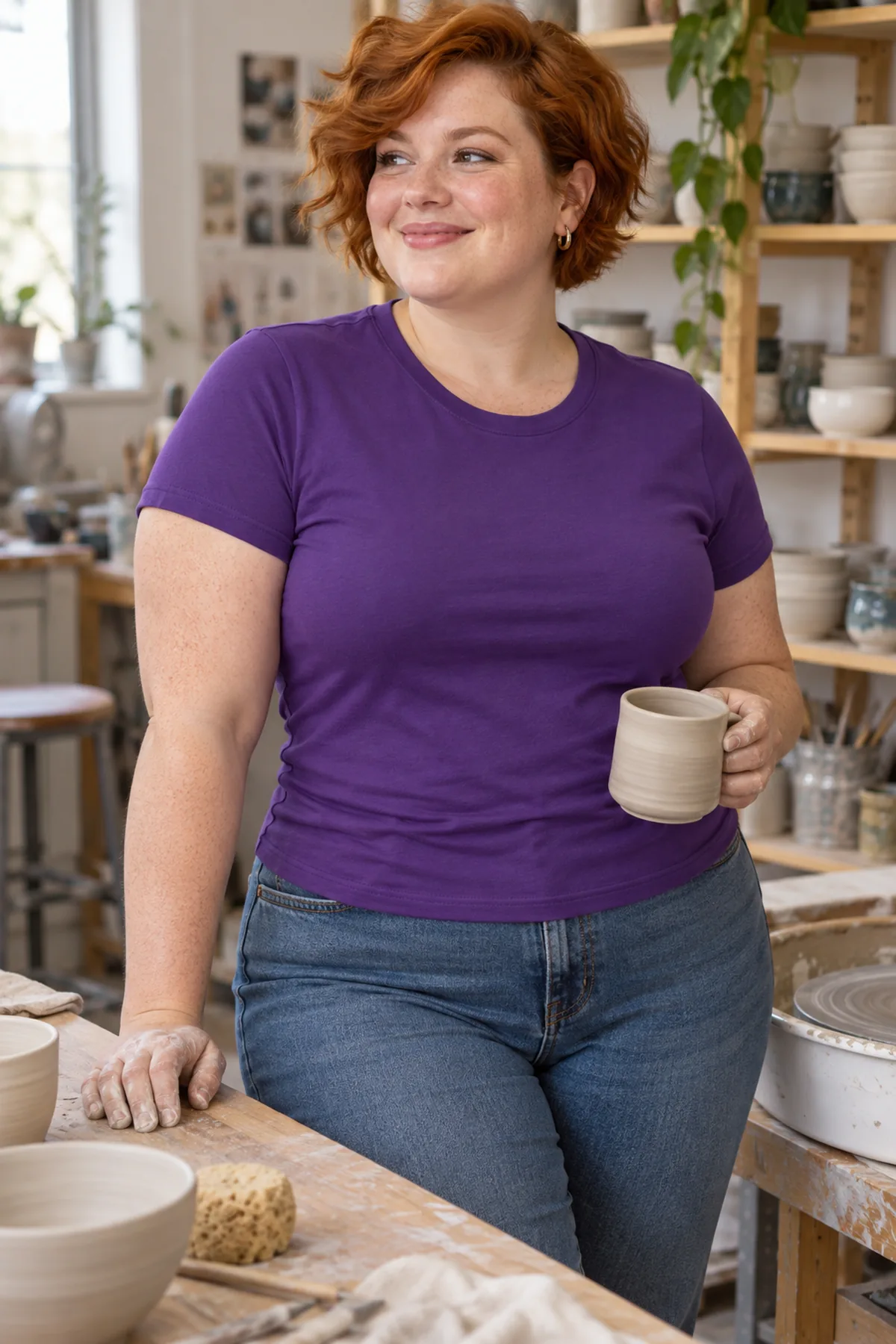 Curvy woman wearing the purple District Women’s Very Important Tee in a ceramics studio; blank front view.