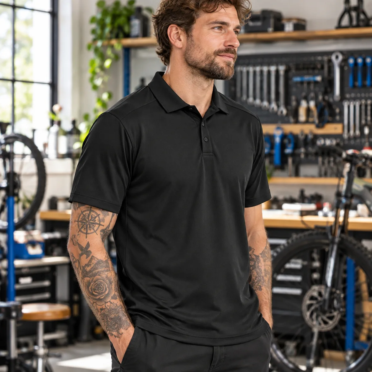 Man wearing a black Elevate Dade Polo Shirt in a bike workshop, shown in three-quarter side view.