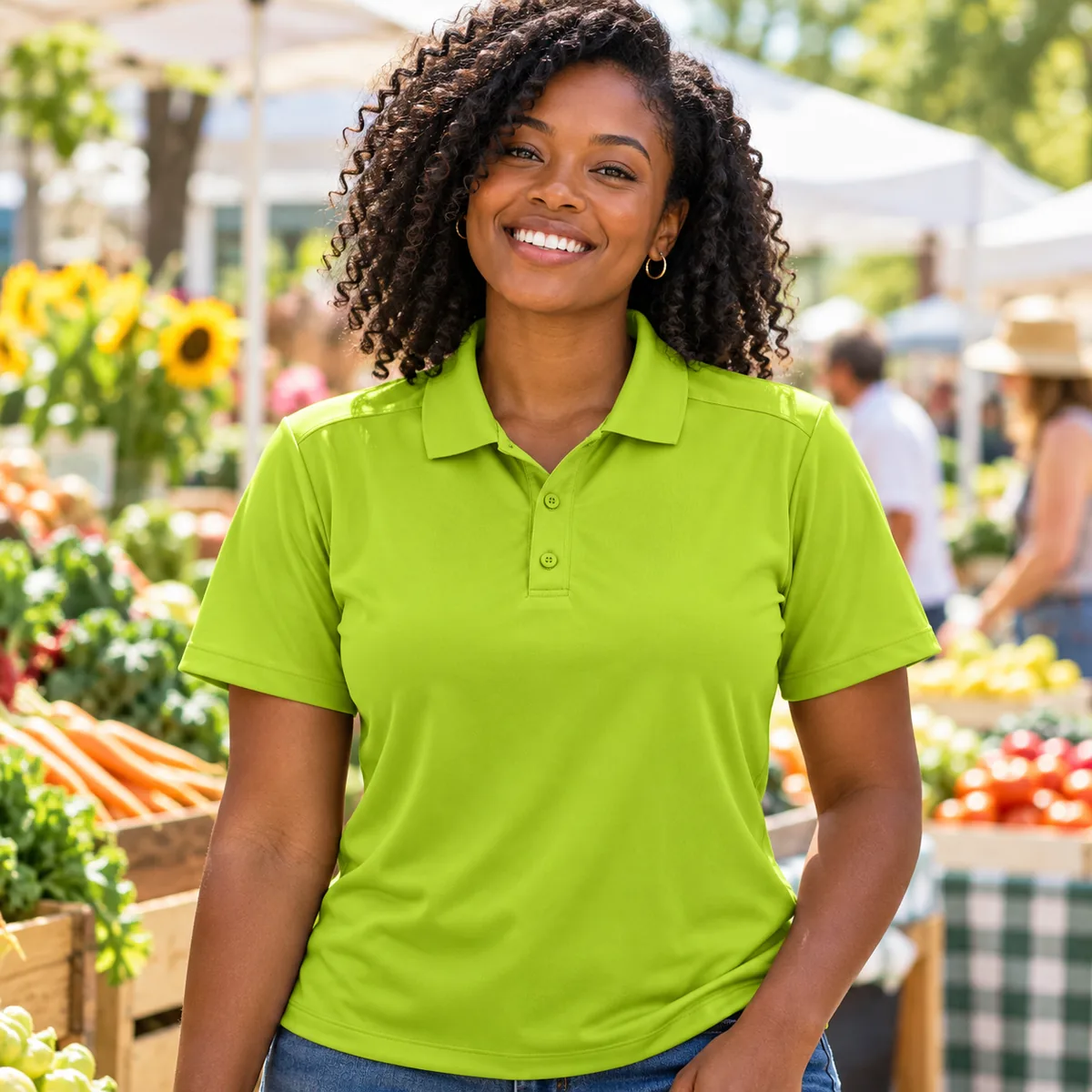 Woman wearing a dark citron green Elevate Dade Polo Shirt at a farmers market; blank front view.