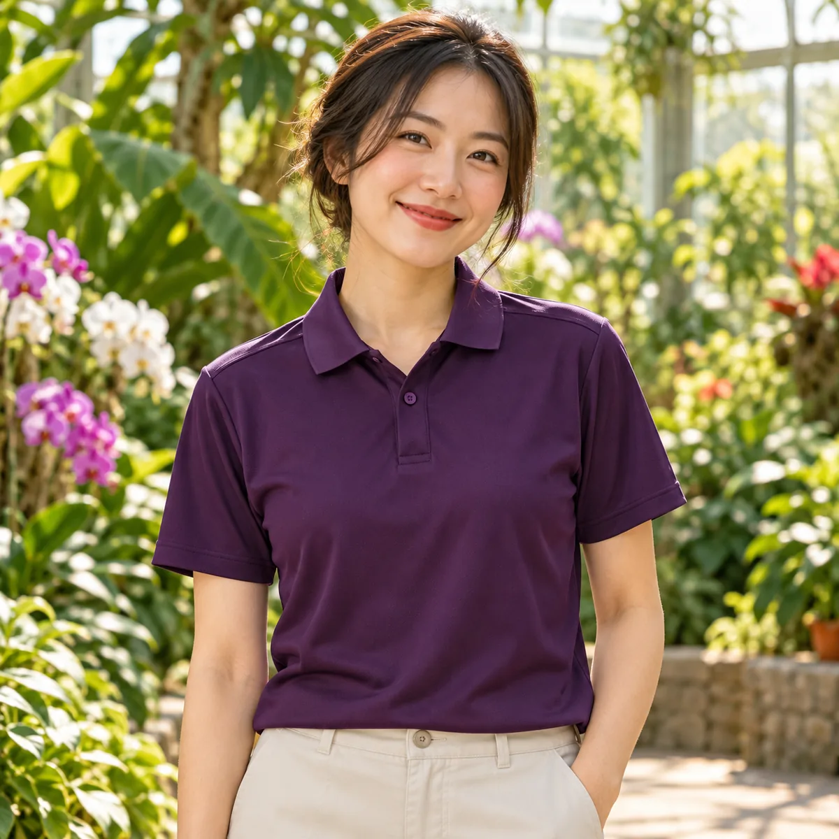 Woman wearing a dark plum Elevate Dade Polo Shirt in a botanical conservatory; blank front view.