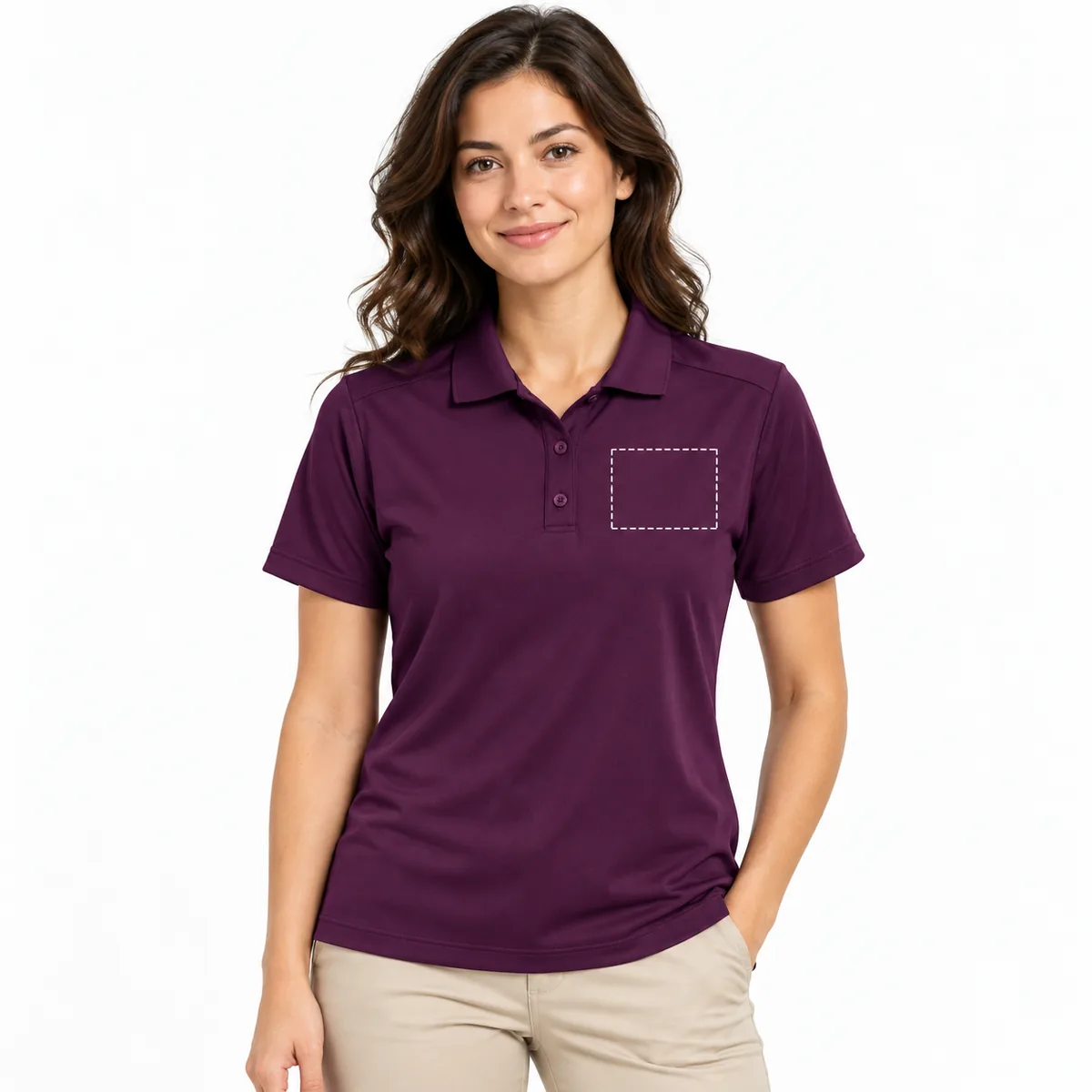 Woman wearing a dark plum polo with an illustrative dashed left-chest print-area outline; dimensions are not verified.