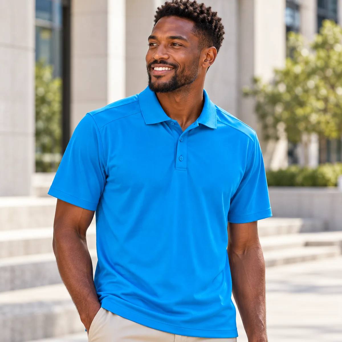 Man wearing an Olympic Blue Elevate Dade Polo Shirt at an architecture plaza; blank front view.