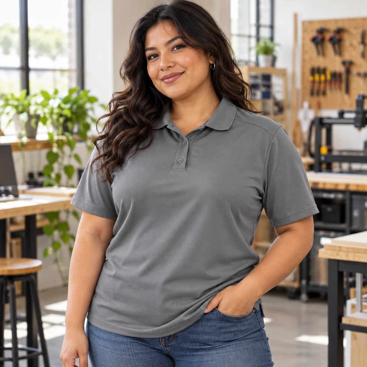 Woman wearing a steel grey Elevate Dade Polo Shirt in a makerspace; blank front view.