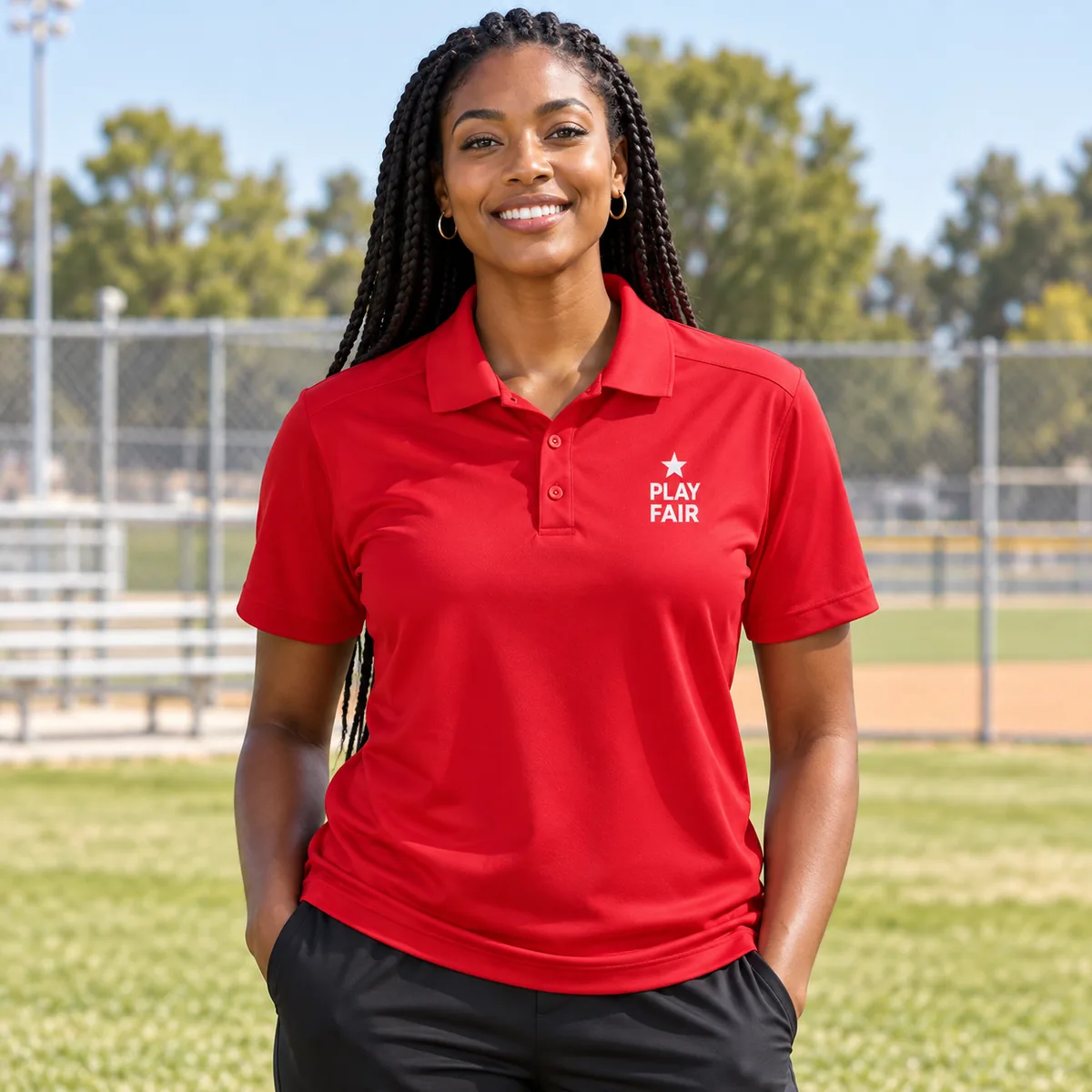 Woman wearing a team red polo with fictional Play Fair sample branding at a sports field.