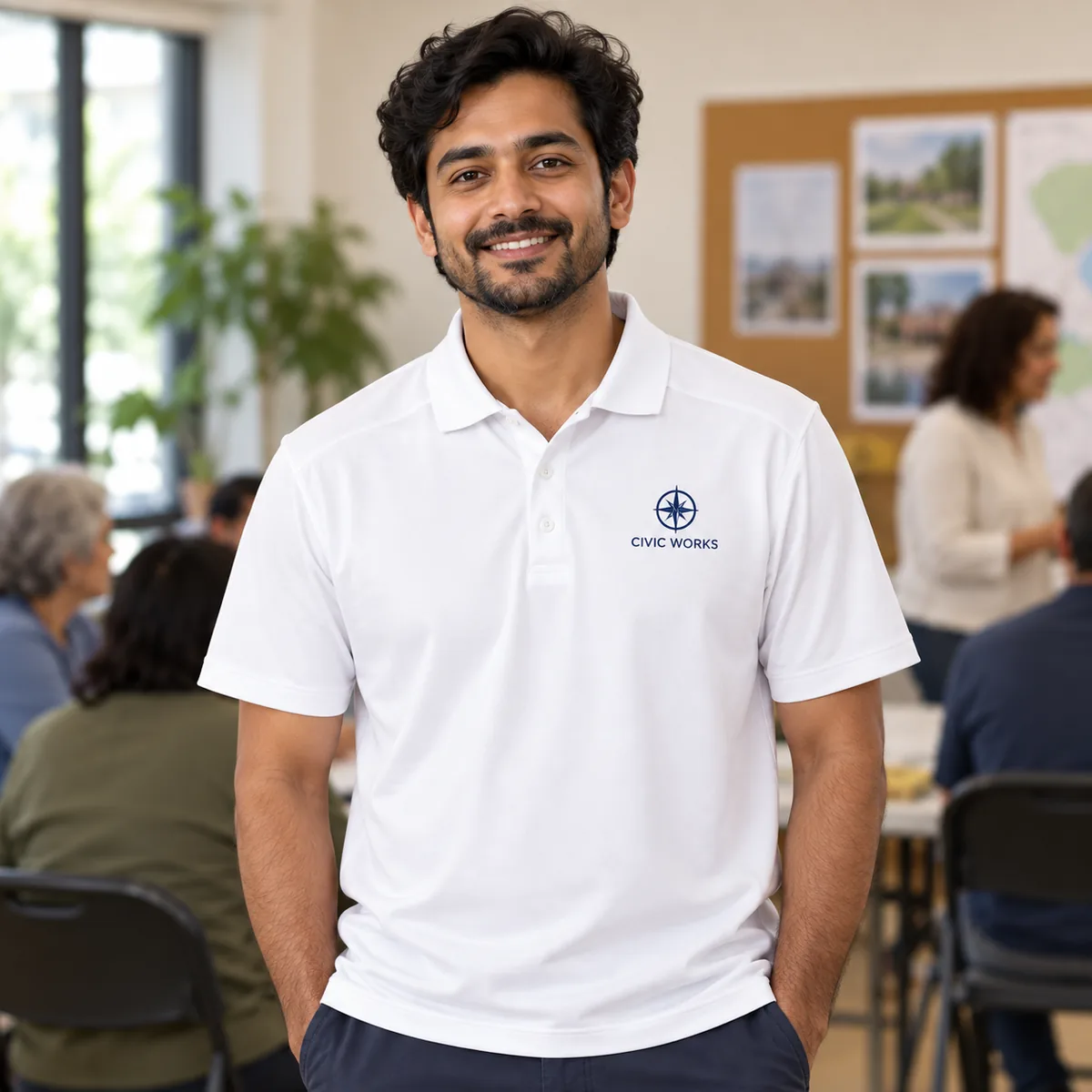 Man wearing a white Elevate Dade Polo Shirt with fictional Civic Works sample branding at a community meeting space.