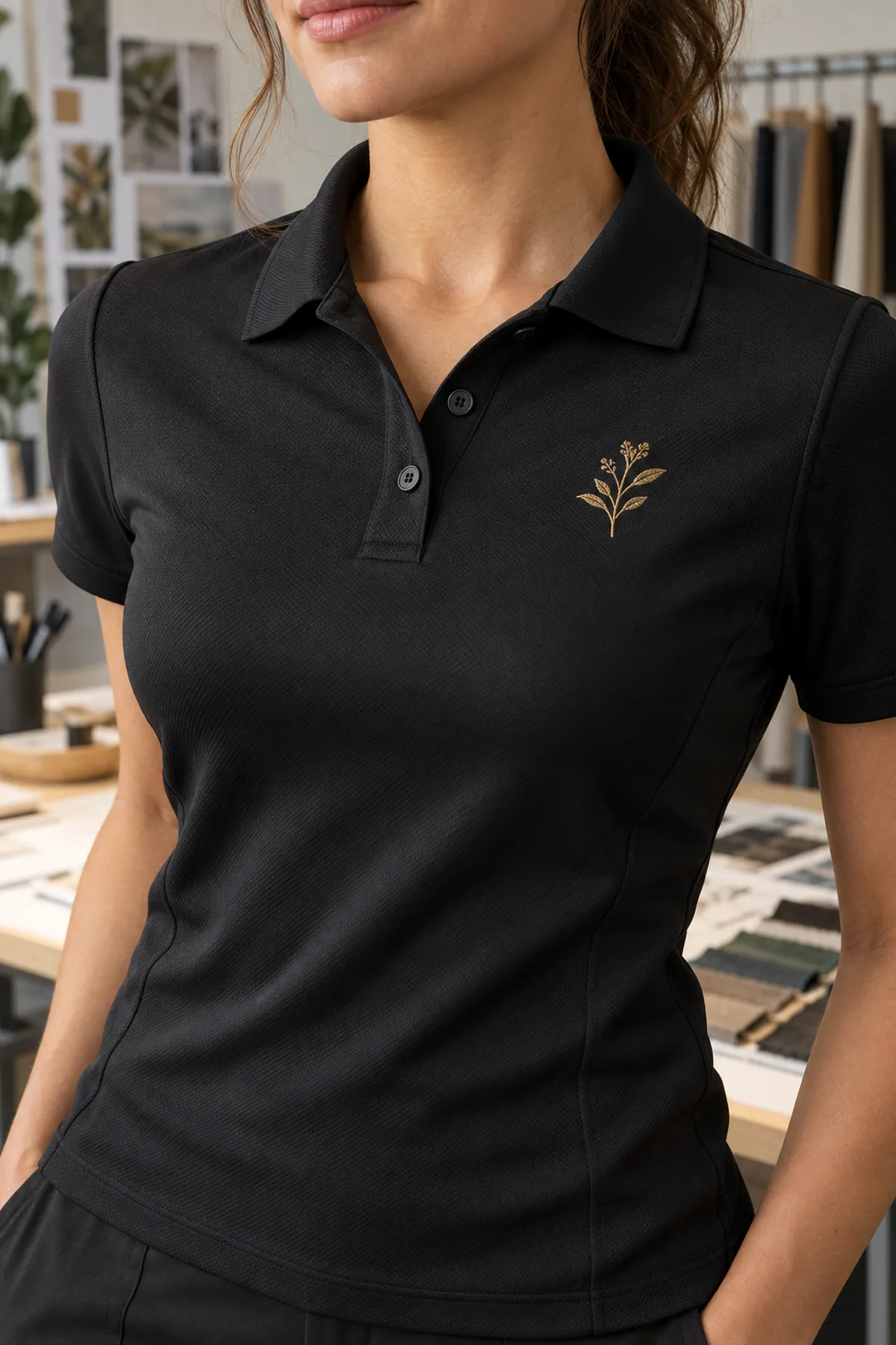 Close view of a black Elevate Moreno polo with a small fictional gold botanical sample emblem at the chest.