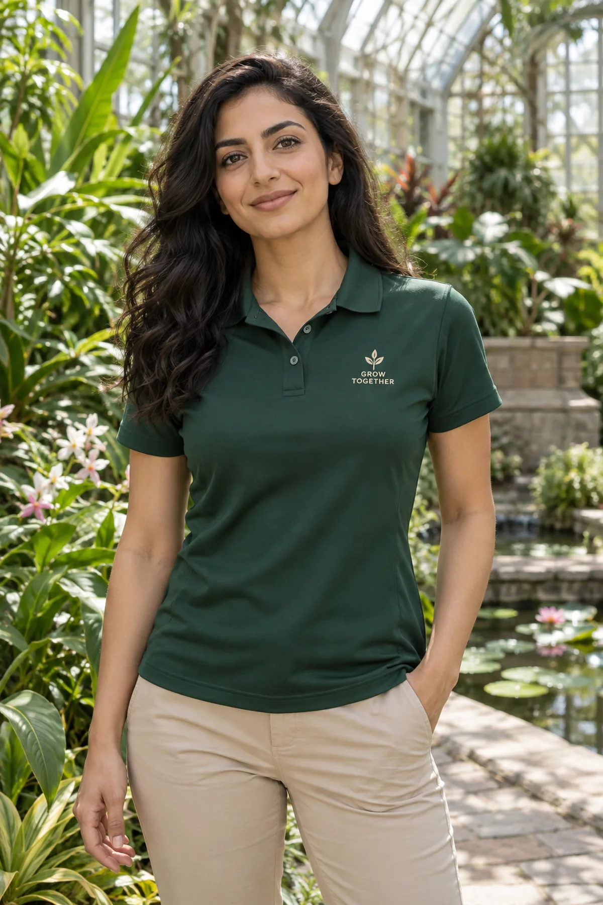 Woman wearing a forest green polo with fictional Grow Together sample branding in a conservatory.