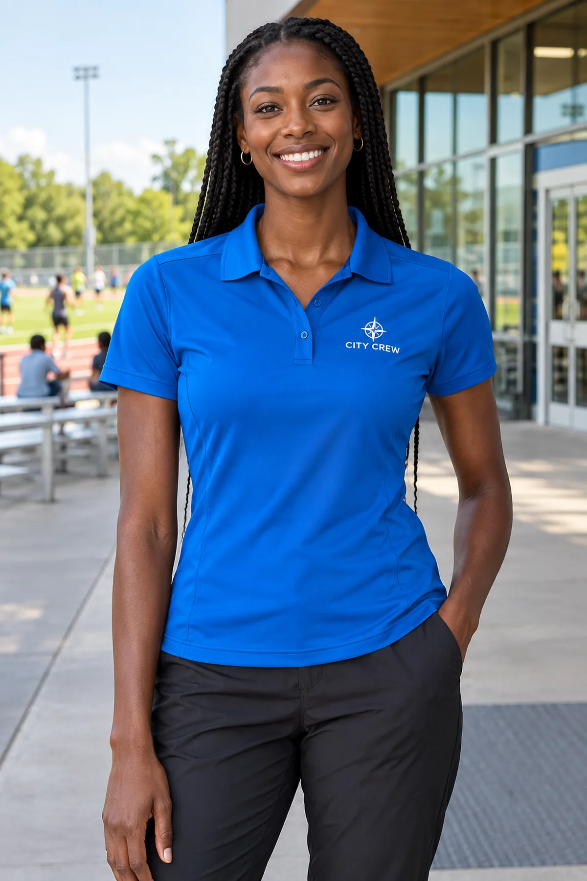 Woman wearing an Olympic Blue Elevate Moreno polo with fictional City Crew sample branding at a sports center.