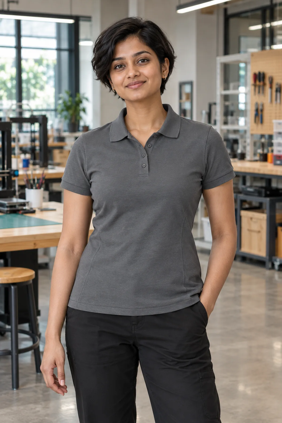 Woman wearing a steel grey Elevate Moreno polo in a makerspace; blank front view.