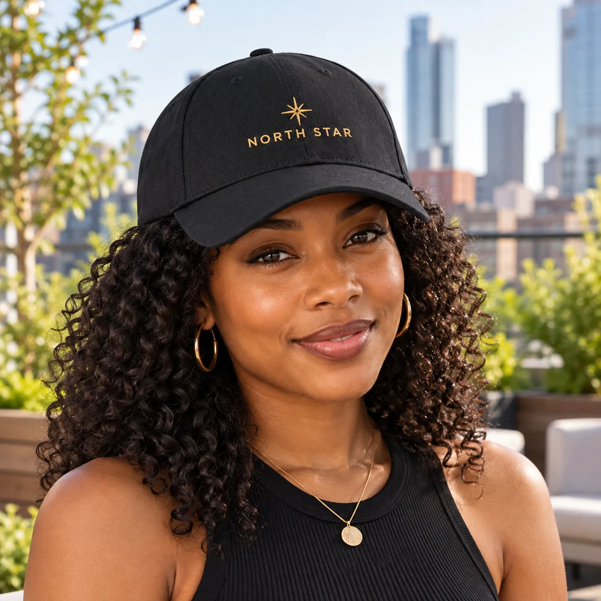 Woman wearing a black cap with fictional North Star embroidered branding on a rooftop garden.