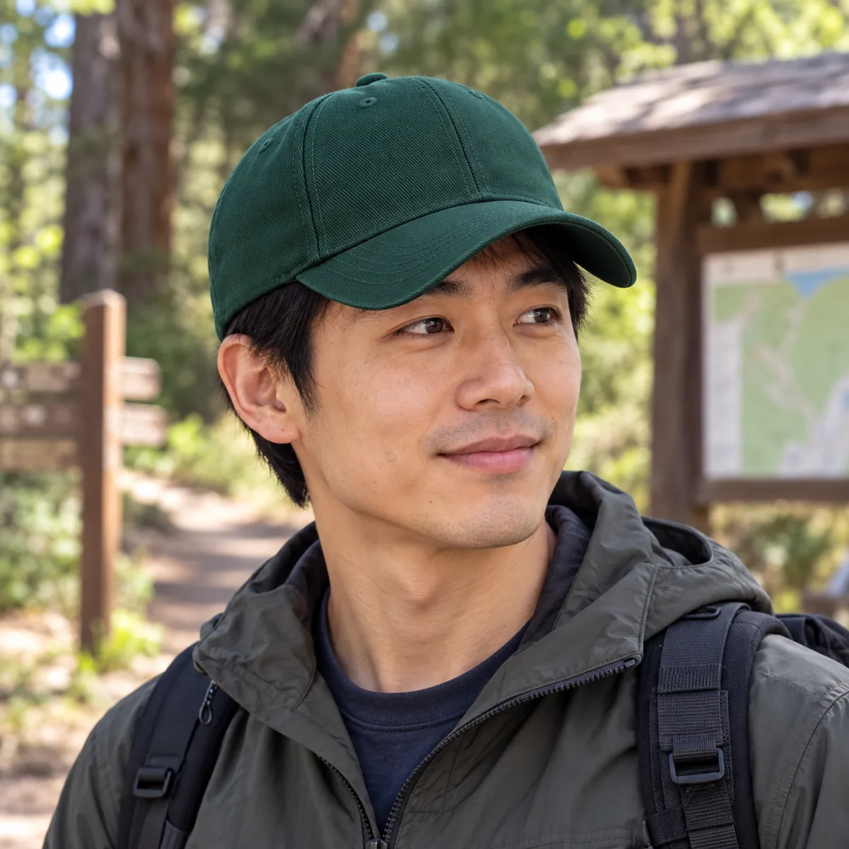 Man wearing a green blank embroidered cap at a wooded trailhead.