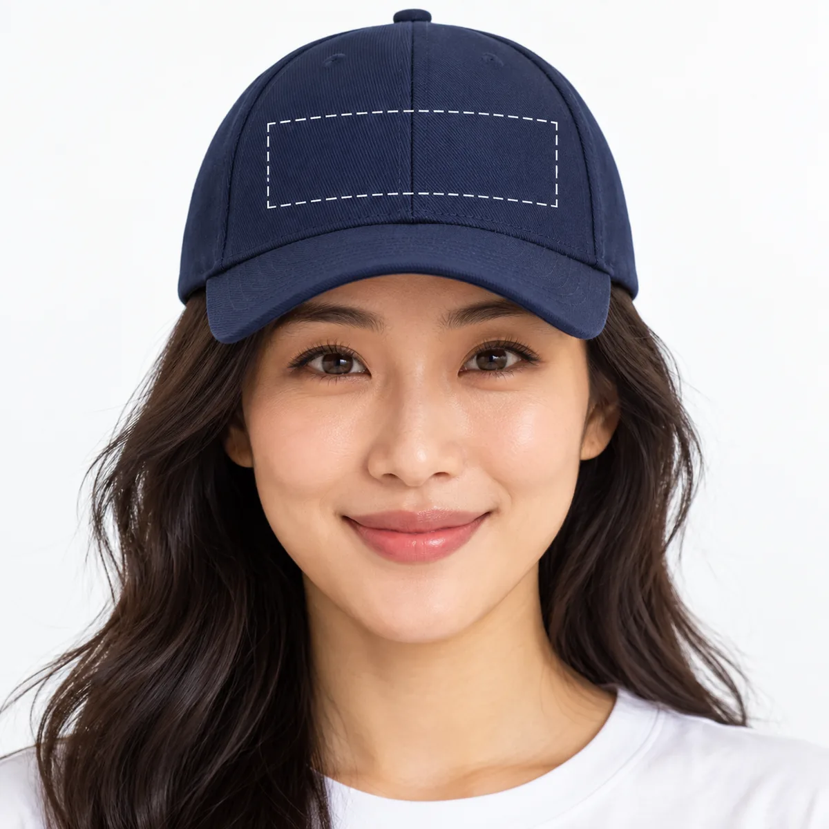 Woman wearing a navy cap with an illustrative dashed front-panel embroidery placement guide; dimensions are not verified.