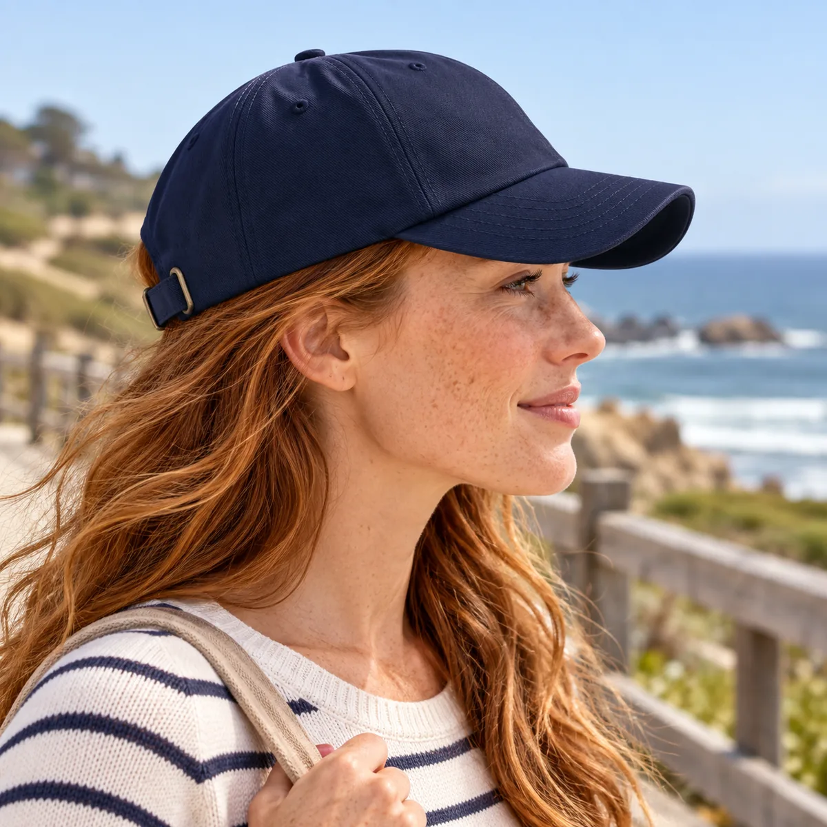 Woman wearing a navy blank embroidered cap in profile at a coastal boardwalk.