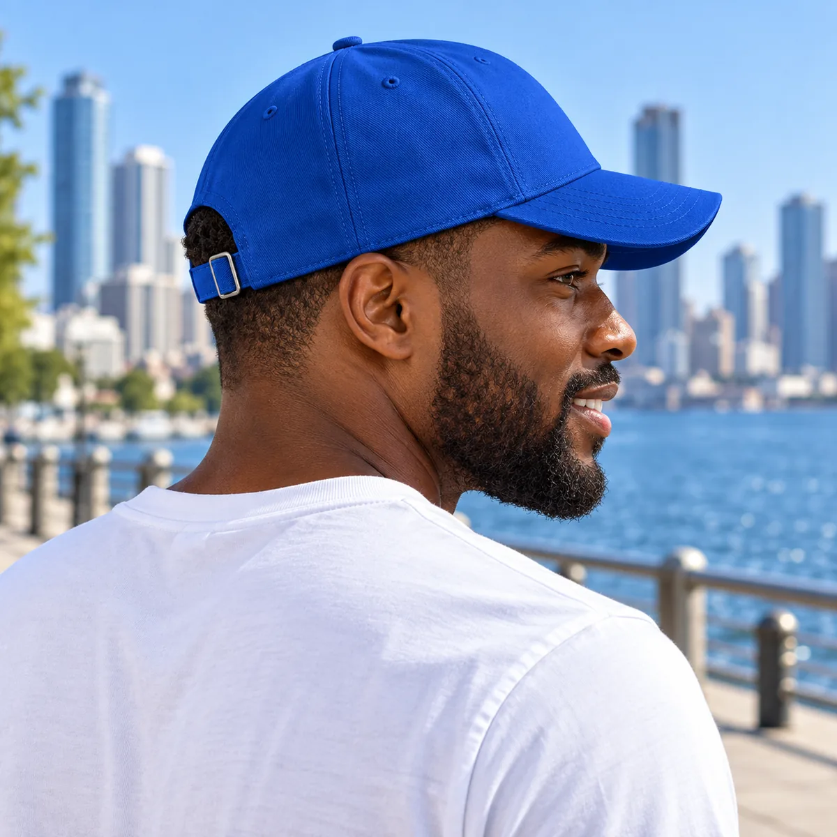 Man wearing a royal blue blank embroidered cap, shown from behind at a city waterfront.
