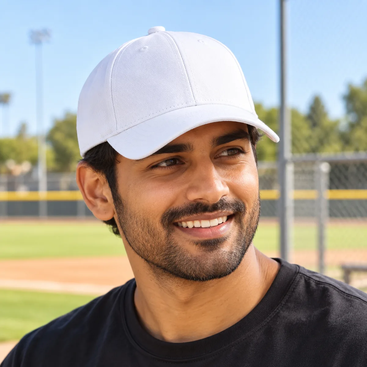 Man wearing a white blank embroidered cap at a baseball field.