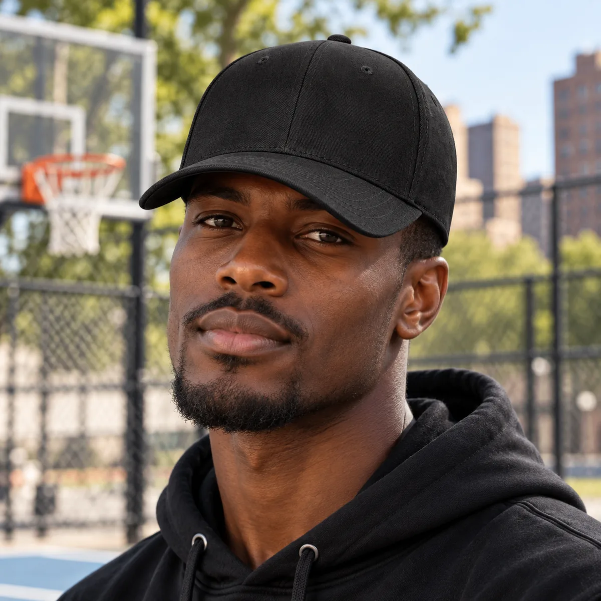 Man wearing a black blank Flexfit 6-Panel Baseball Cap at a basketball court.