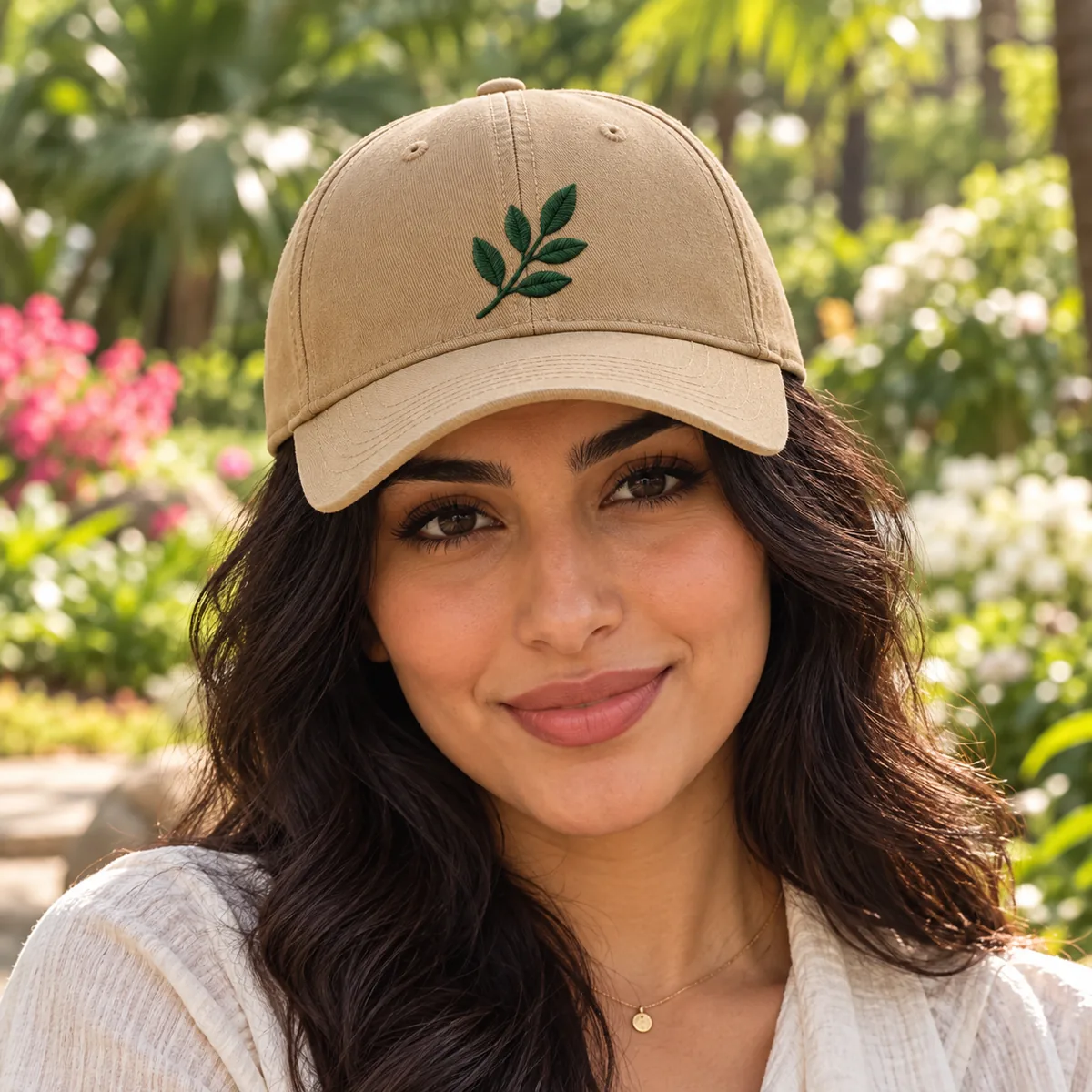 Woman wearing a khaki fitted cap with a small fictional leaf embroidery at a botanical garden.