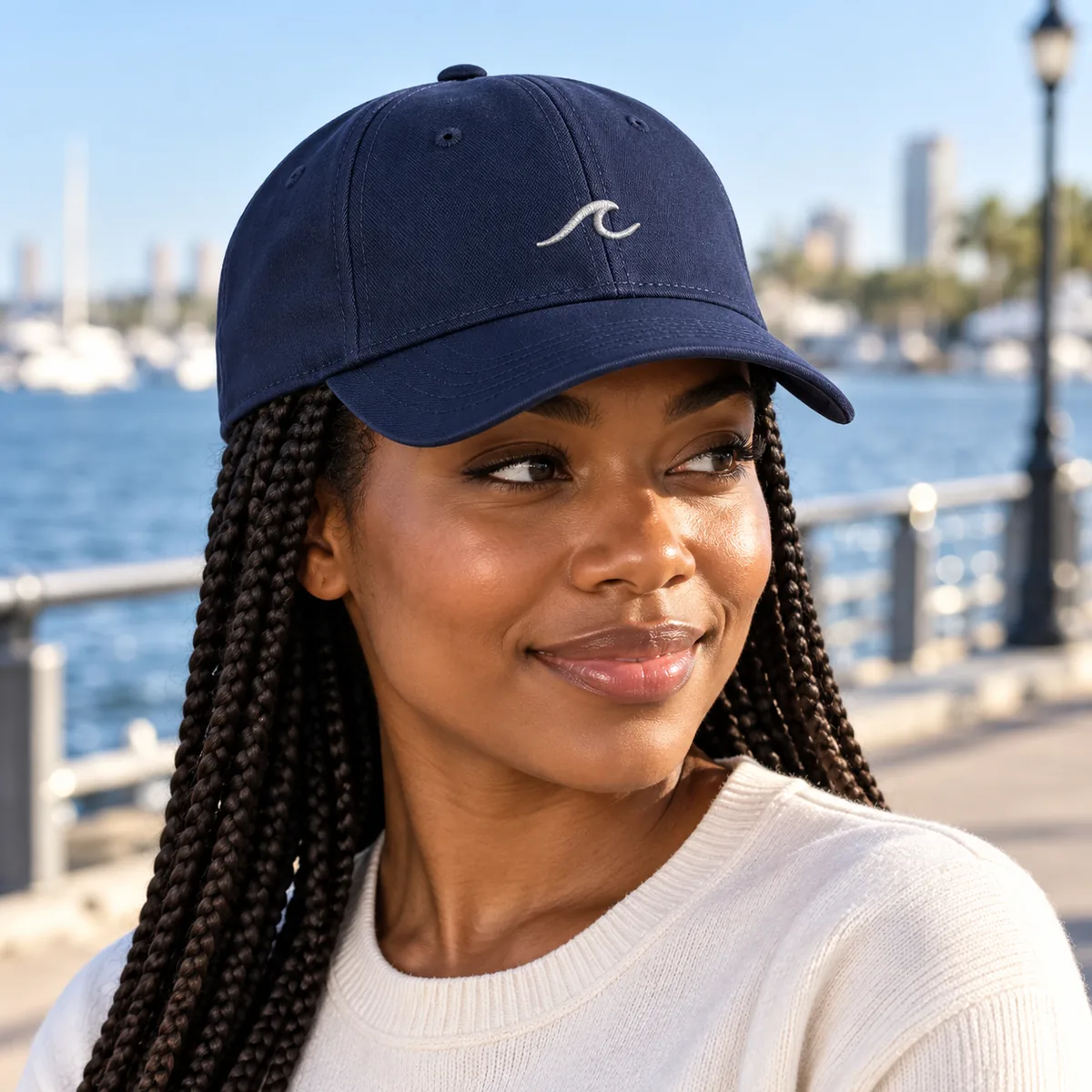 Woman wearing a navy fitted cap with a fictional silver wave sample emblem on a waterfront promenade.