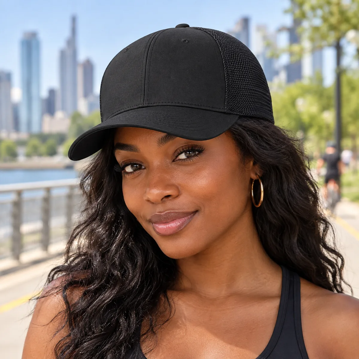 Woman wearing a black blank Flexfit trucker cap on a city waterfront.