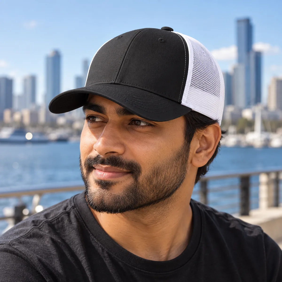 Man wearing a black and white trucker cap beside a city waterfront.