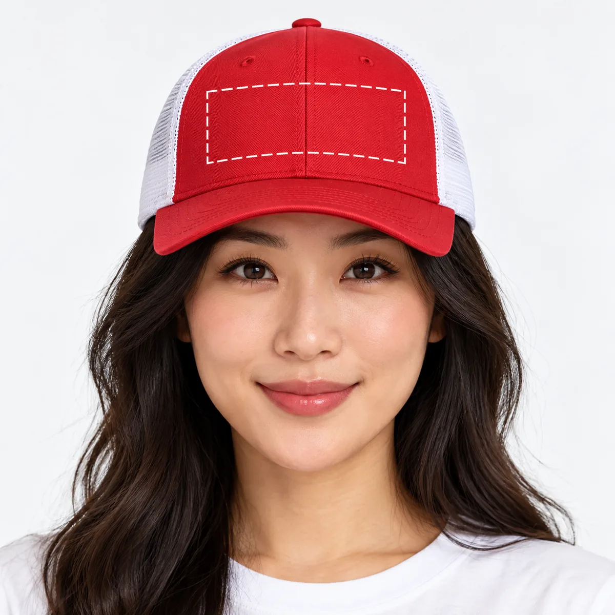 Woman wearing a red and white trucker cap with an illustrative dashed front-panel placement guide; dimensions are not verified.