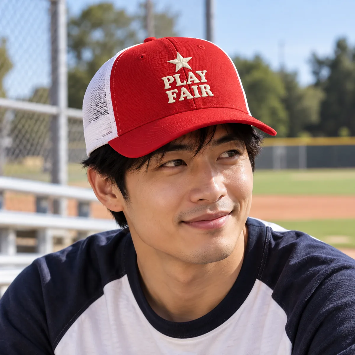 Man wearing a red and white trucker cap with fictional Play Fair sample branding at a baseball field.