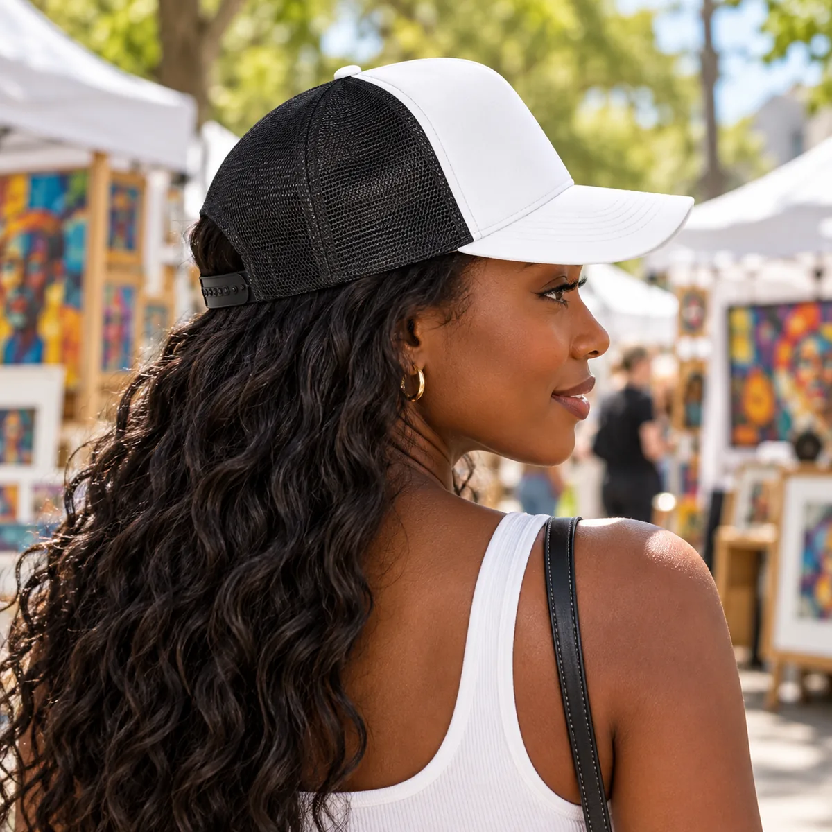 Woman wearing a white and black trucker cap at an outdoor art fair, shown from the back.