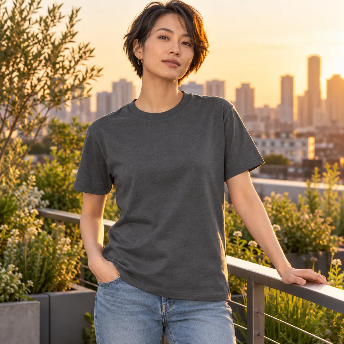 Model wearing the charcoal gray Gildan Budget unisex T-shirt on an urban rooftop garden.