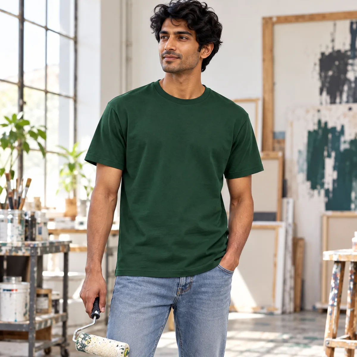 Model wearing the forest green Gildan Budget unisex T-shirt in an art studio.