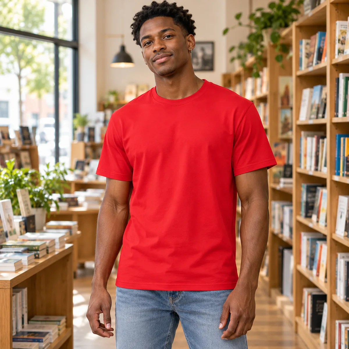 Model wearing the red Gildan Budget unisex T-shirt in a neighborhood bookstore.