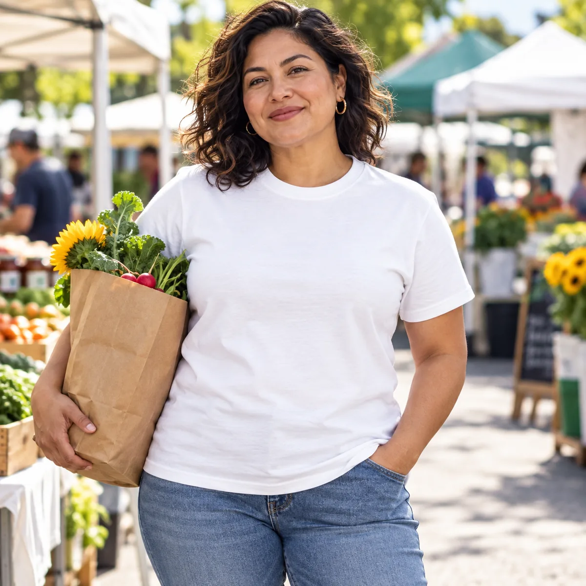 Model wearing the white Gildan Budget unisex T-shirt at an outdoor farmers market.