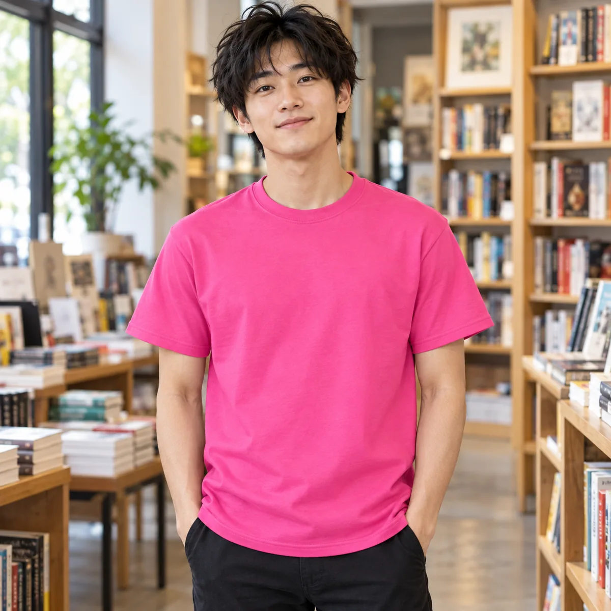 Man wearing an azalea Gildan DryBlend T-shirt in a bookshop; blank front view.