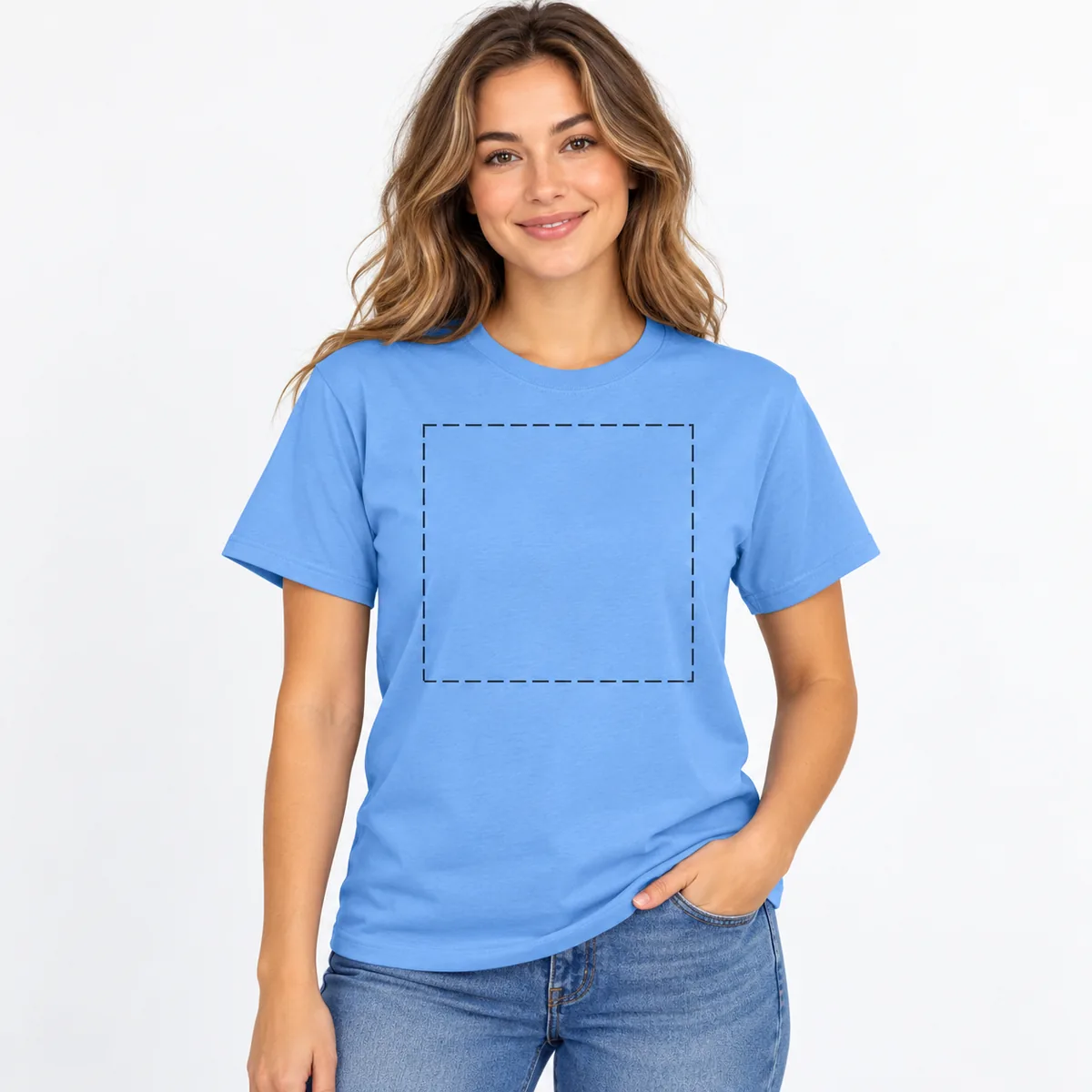 Woman wearing a Carolina Blue tee with an illustrative dashed chest print-area outline; dimensions are not verified.