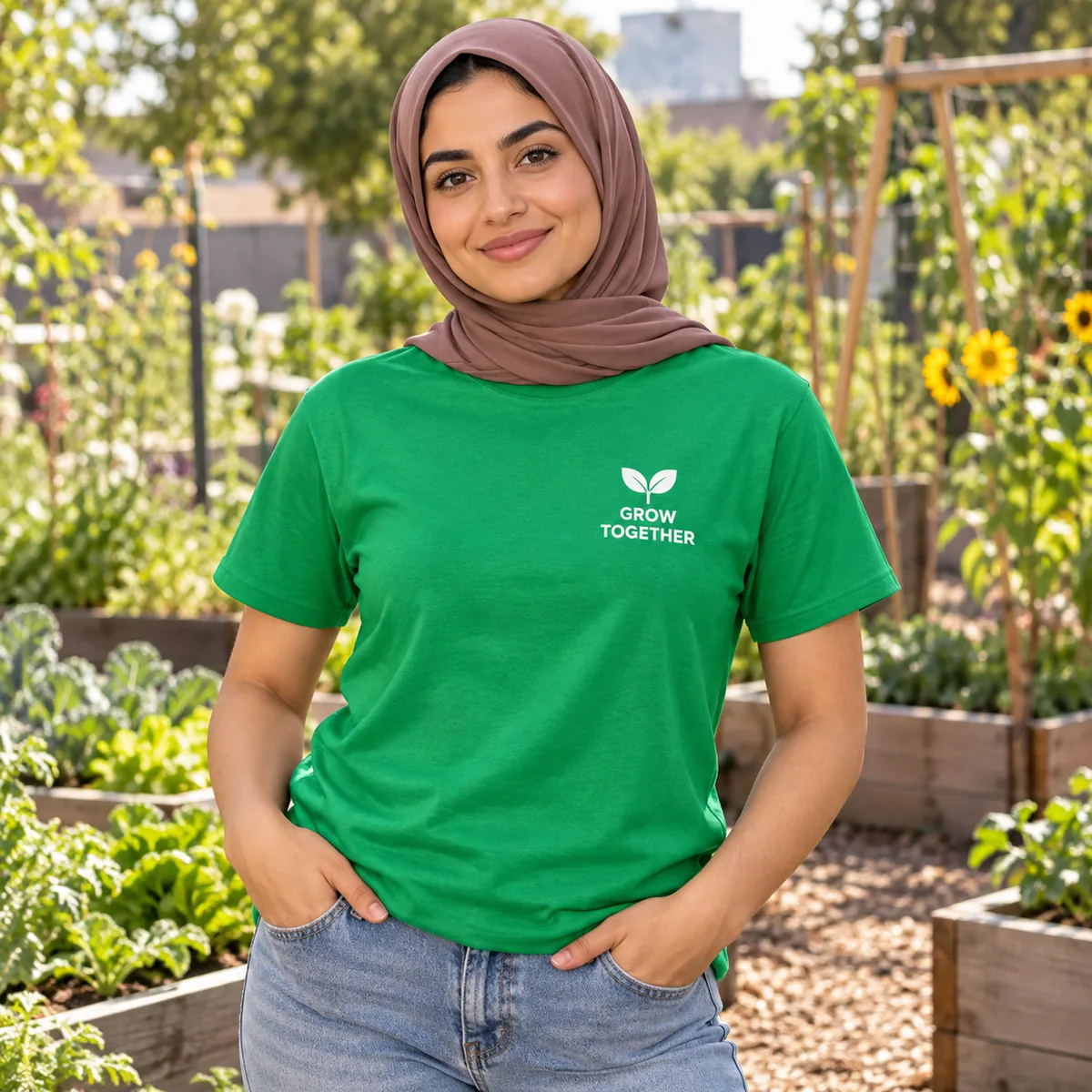 Woman wearing a kelly green tee with fictional Grow Together sample branding at a community garden.