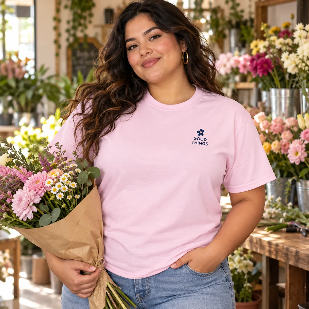 Woman wearing a light pink Gildan DryBlend tee with fictional Good Things sample branding at a flower shop.