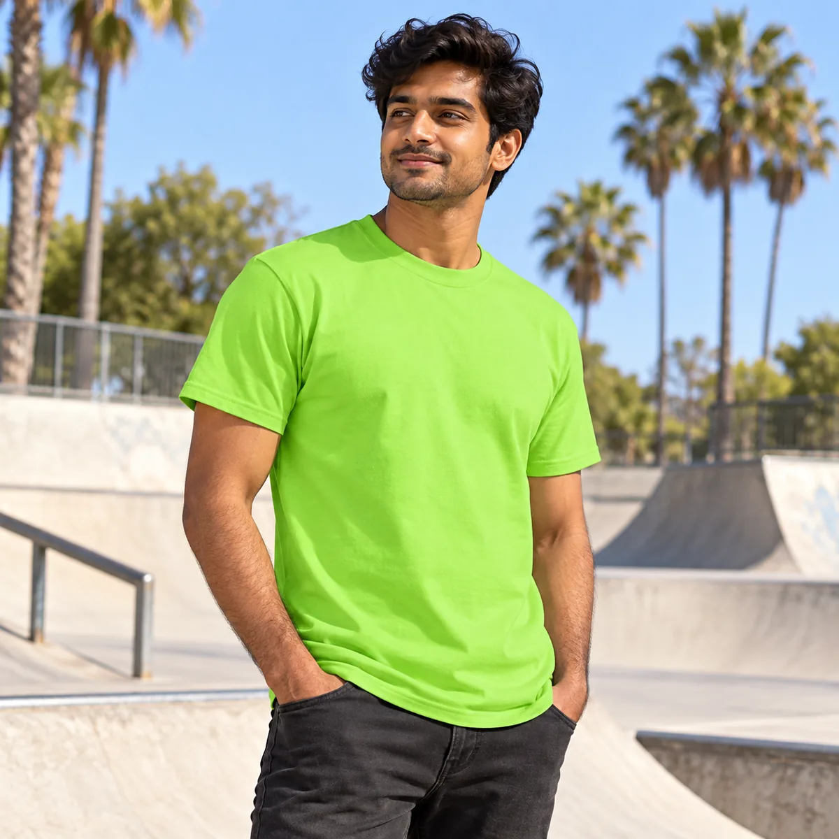 Man wearing a lime green Gildan DryBlend tee at a skatepark; blank front.