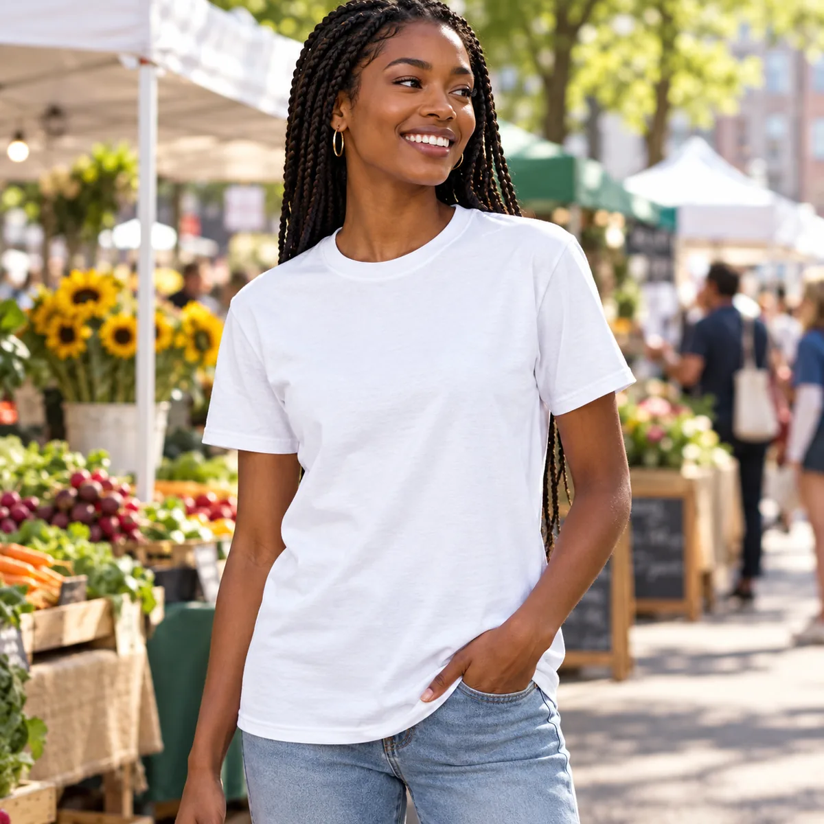 Woman wearing a white Gildan DryBlend tee at a farmers market; blank front.