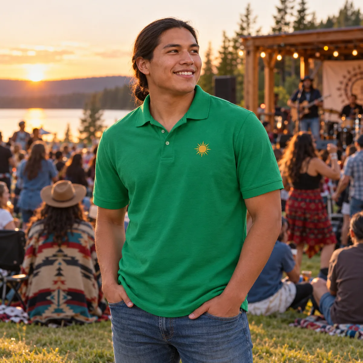 Indigenous man wearing a Kelly Green Gildan DryBlend polo with fictional gold sun embroidery at an outdoor community music gathering; full face and head visible.