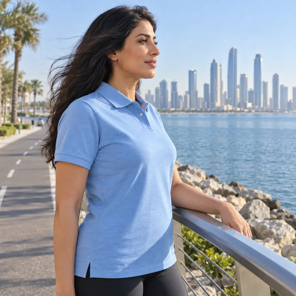 Arab woman wearing a light blue Gildan DryBlend polo by a waterfront bike path.