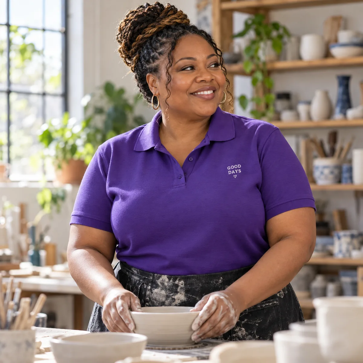 Black woman wearing a purple Gildan DryBlend polo with fictional Good Days chest embroidery in a ceramics studio.