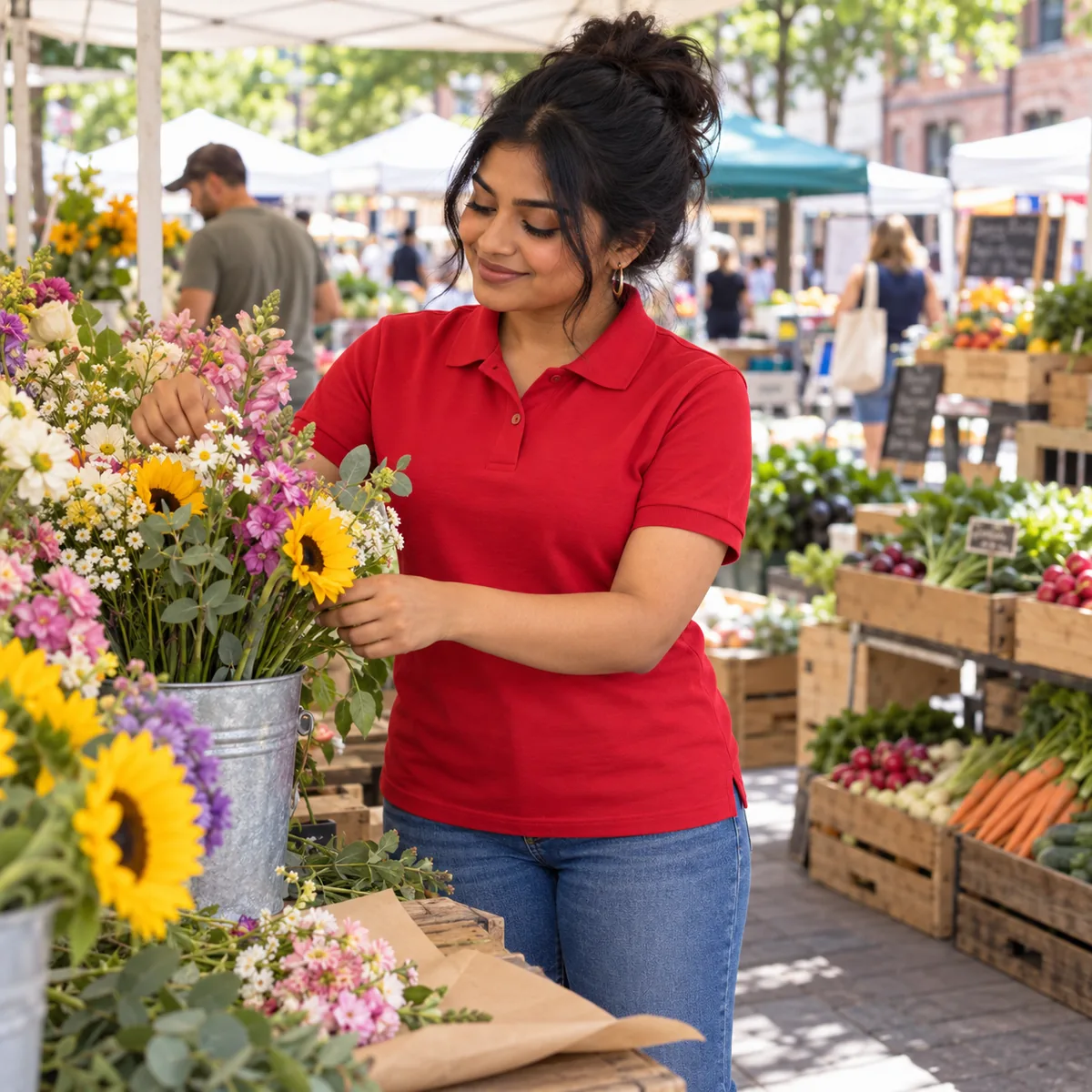South Asian woman wearing a red Gildan DryBlend polo while arranging flowers at an outdoor market.