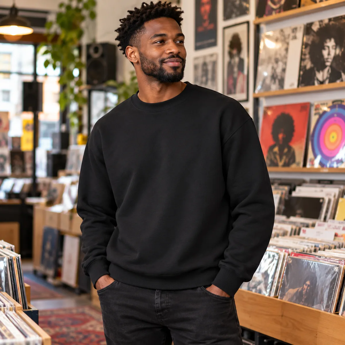 Man wearing a black blank Gildan Heavy Blend crew-neck sweatshirt at a record store.