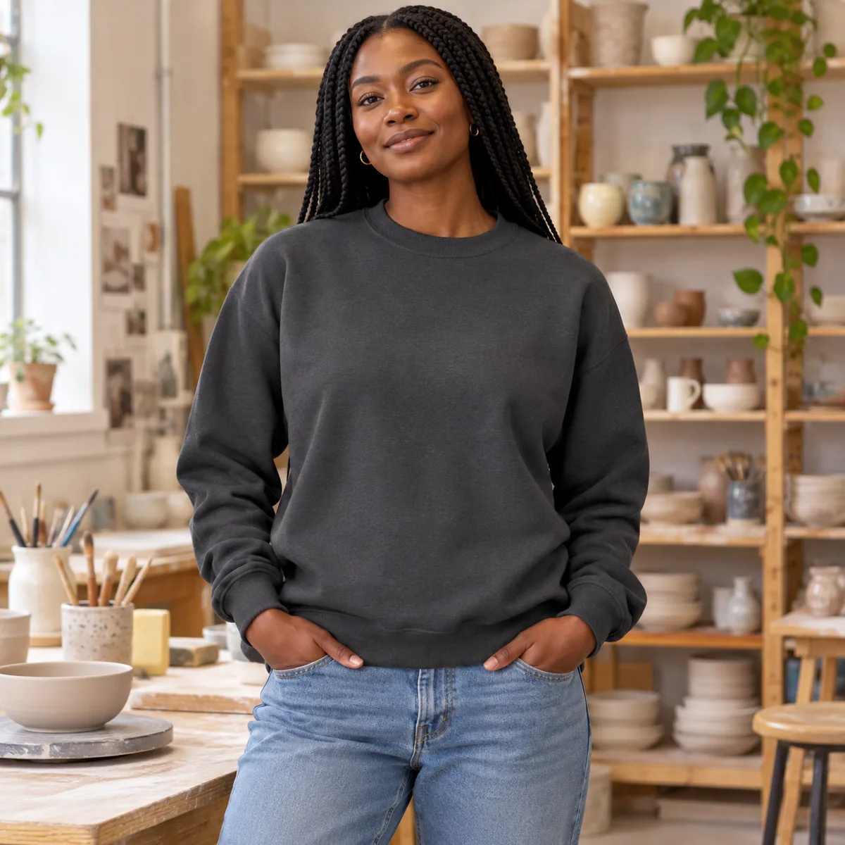 Woman wearing a charcoal Gildan Heavy Blend crew-neck sweatshirt in a ceramics studio; blank front.
