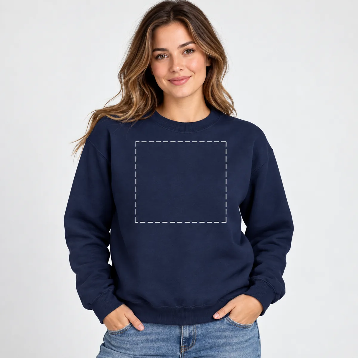Woman wearing a navy sweatshirt with an illustrative dashed chest print-area outline; dimensions are not verified.