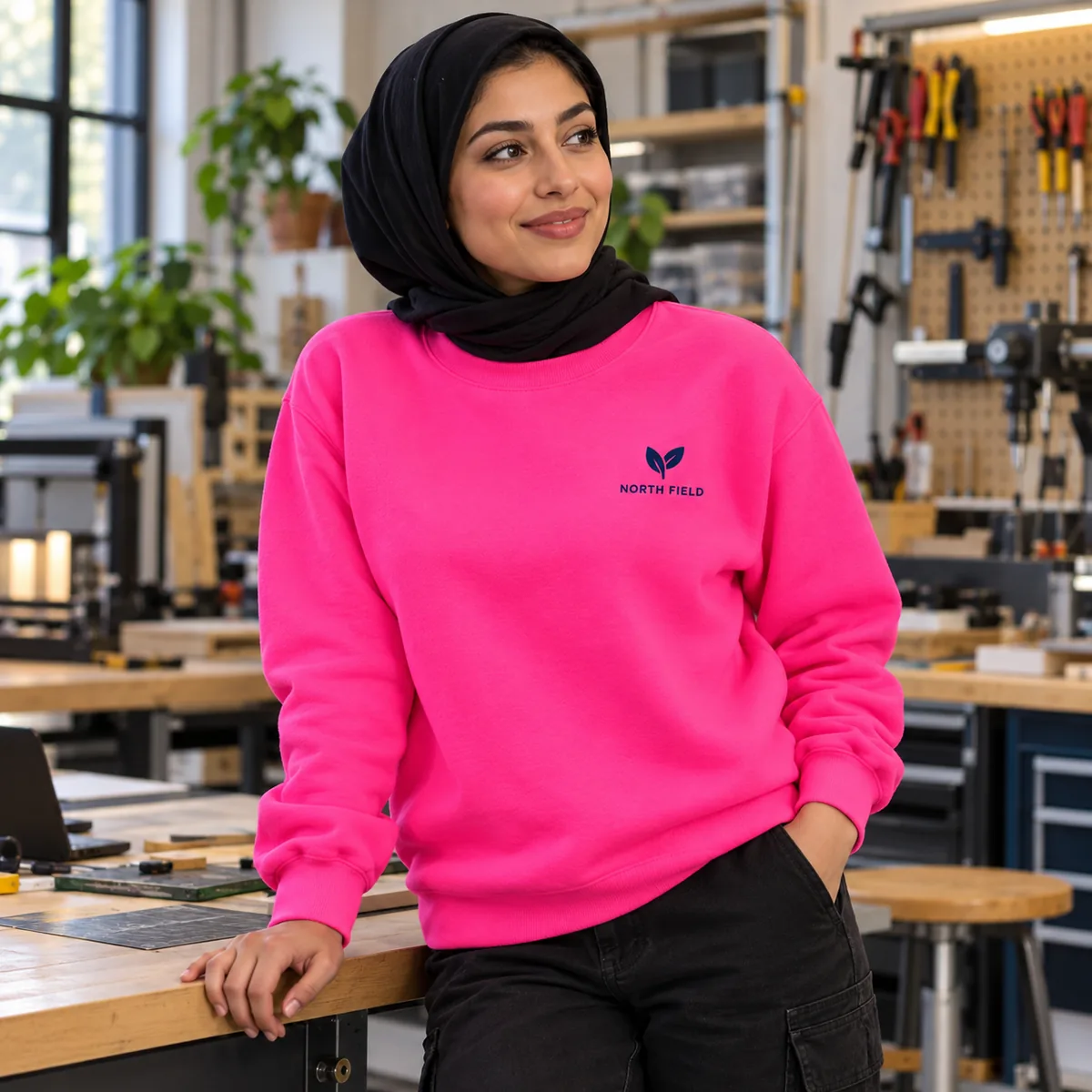 Woman wearing a safety pink sweatshirt with fictional North Field sample branding in a makerspace.