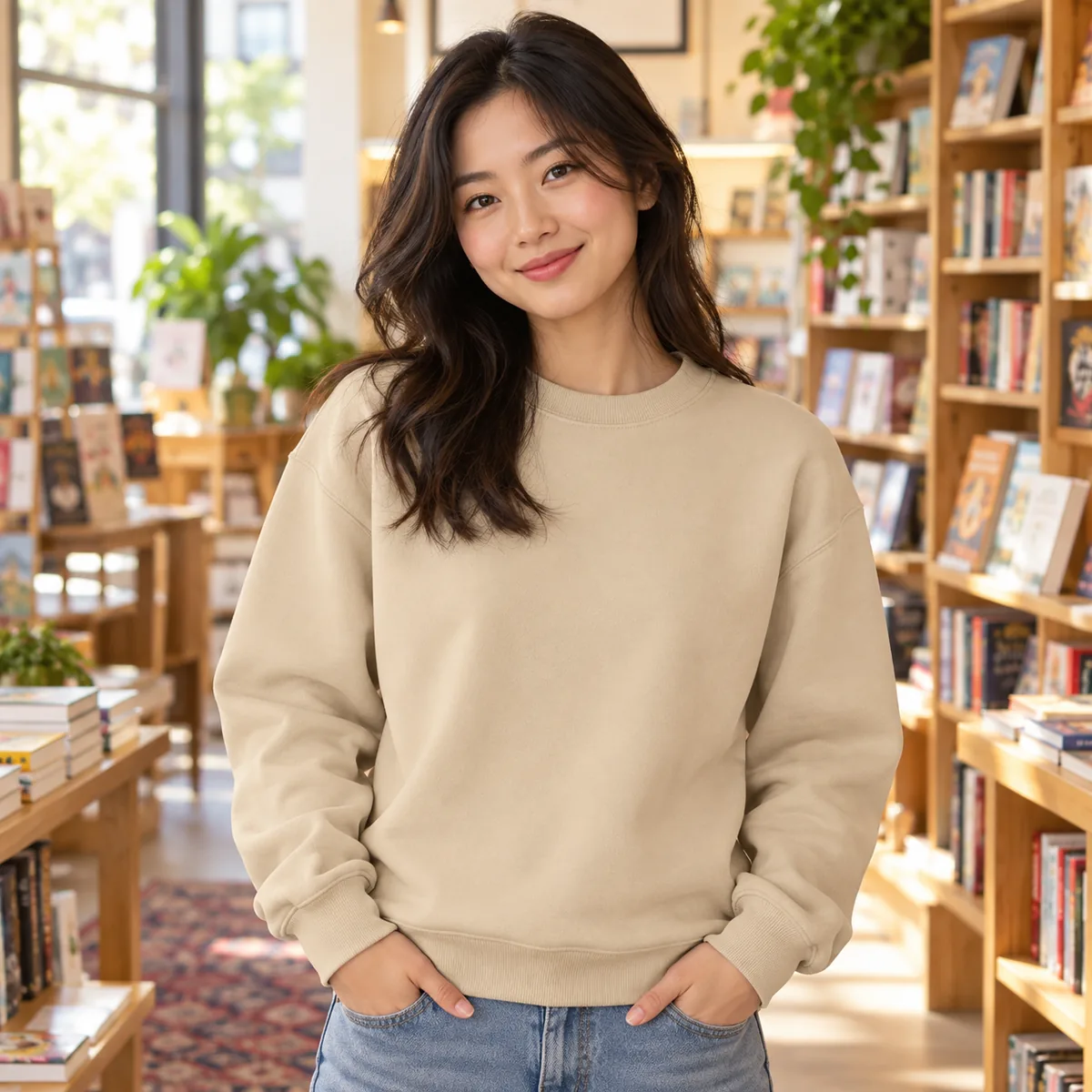 Woman wearing a sand-colored blank Gildan Heavy Blend sweatshirt in a bookstore.