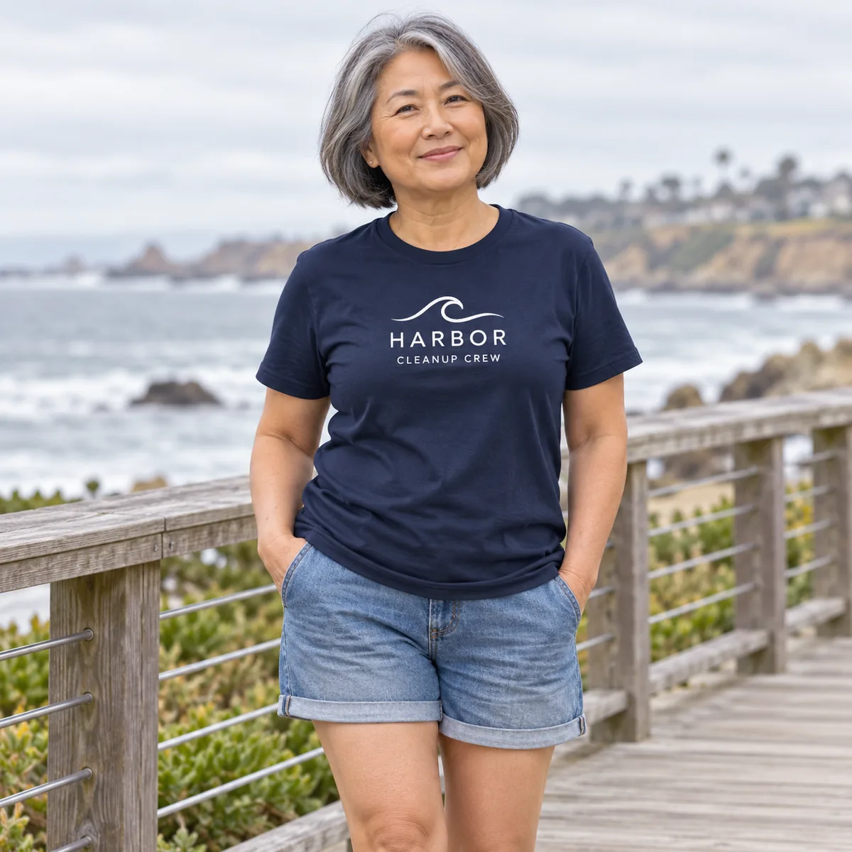 Model wearing a navy Gildan Softstyle T-shirt with sample Harbor artwork on a coastal boardwalk.