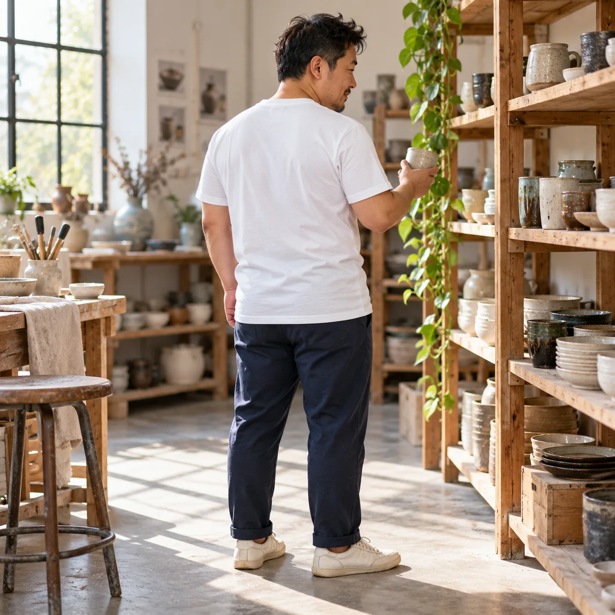 Back view of a white Gildan Softstyle unisex T-shirt worn in a ceramics studio.